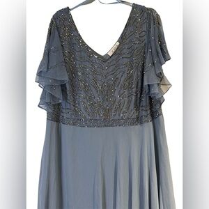 J Kara Dusty Blue Beaded Flutter Sleeve Maxi Gown – Elegant Formal Evening Dress